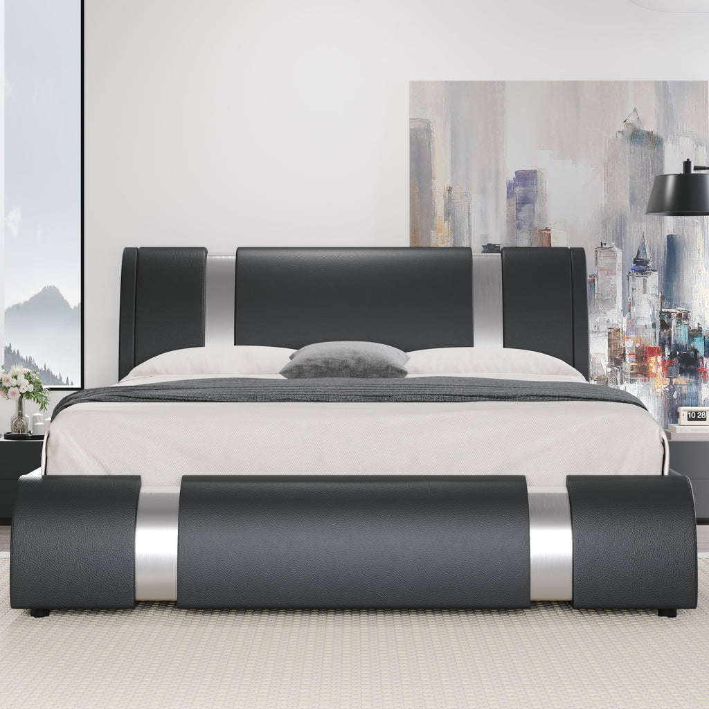 HOOMIC Contemporary Imitation Leather Bed Structure Featuring Metal Accents, Low-Set Platform Bed with Adjustable Headboard, Sturdy Wooden Slat Support, No Box Spring Required