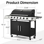 Grill with Side Burner & Cast Iron Grates, Lockable  Wheels, Barbecue Grill with 395 Square Inches Large Cooking Area, Camping Grill for Barbeque and Outdoor Cooking, Black