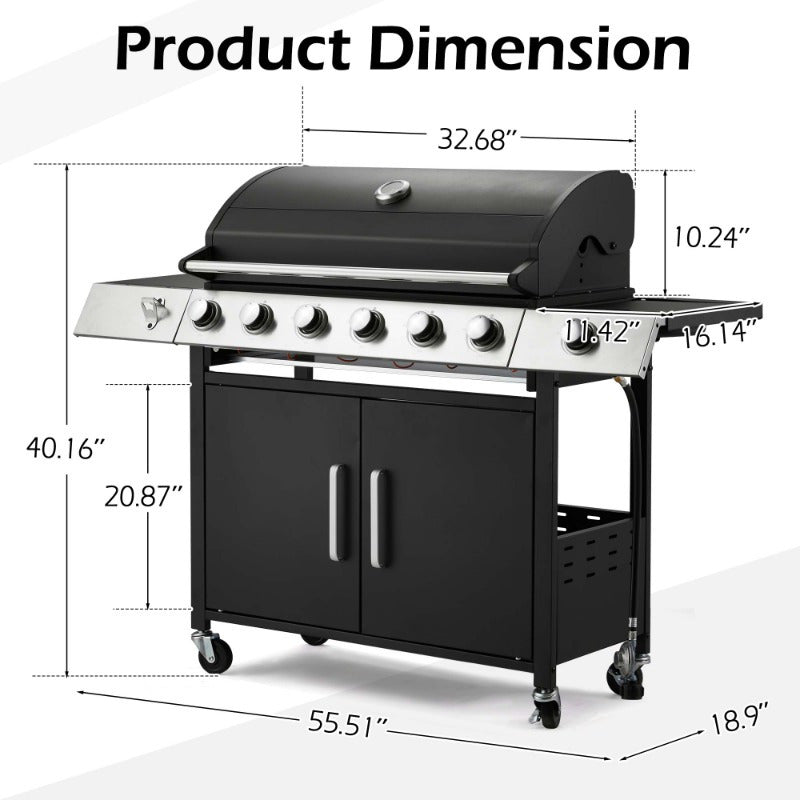 Grill with Side Burner & Cast Iron Grates, Lockable  Wheels, Barbecue Grill with 395 Square Inches Large Cooking Area, Camping Grill for Barbeque and Outdoor Cooking, Black