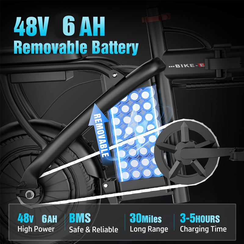 500W 20 Miles Per Hour Foldable Electric Bike For Adults, 48V 6Ah Removable Battery, 14" Ebike, Electric Mini Bike, The Range Is 30 Miles