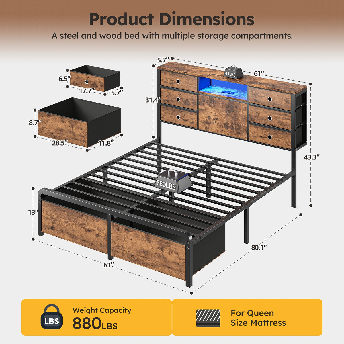 Reinforced Storage Bed Frame, King/Queen/Full with 8/9 Drawers, Headboard Storage, Multi-Color LED Lights & Charging Station, Noiseless & Easy Assembly, Black/Tiger Brown
