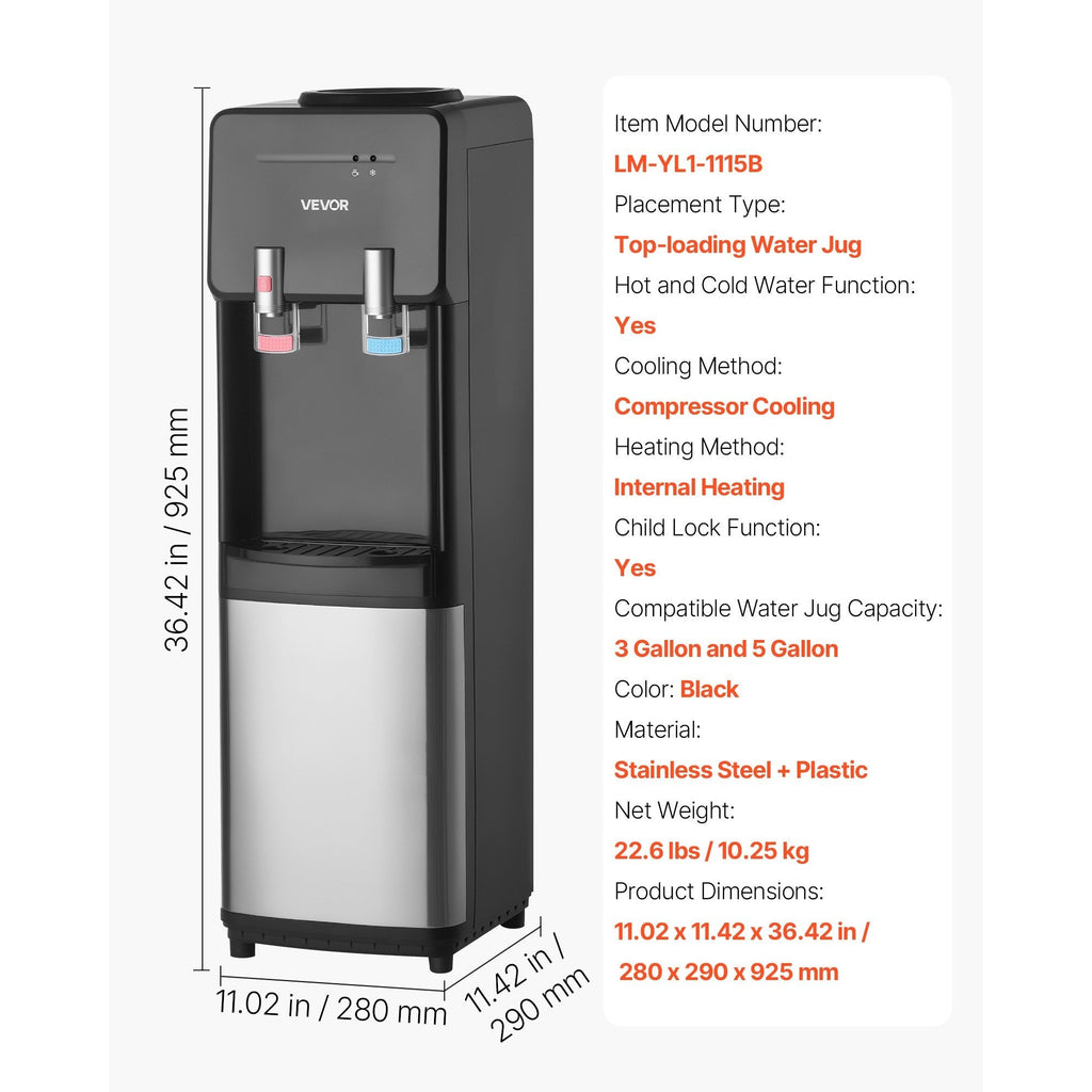 VEVOR Top Loading Water Cooler Dispenser for 3 or 5 Gallons Jugs Stainless Steel