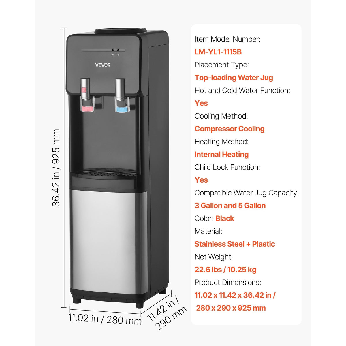 VEVOR Top Loading Water Cooler Dispenser for 3 or 5 Gallons Jugs Stainless Steel
