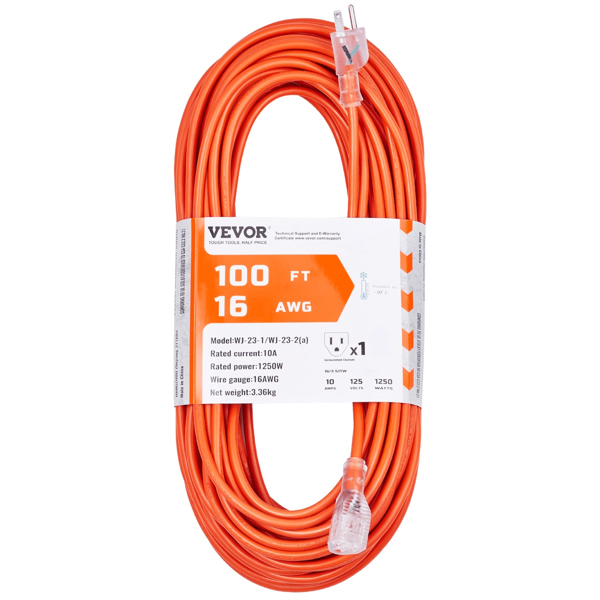 Heavy Duty Extension Cord — VEVOR 100-Foot Reach with Lighted End for Home and Office Power