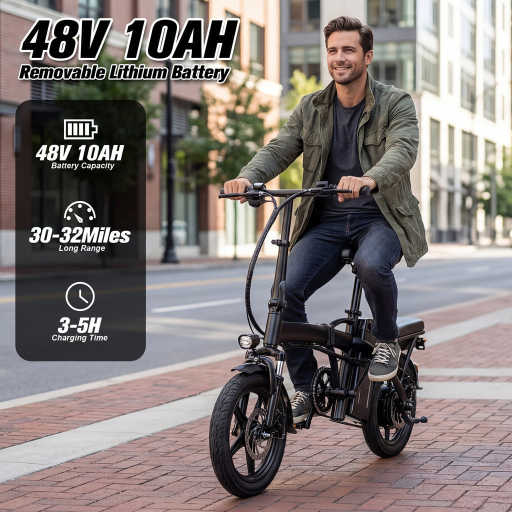 High Performance Adult Electric Bicycle, Portable Design Foldable Electric Bicycle, 500W Motor And 48V 10Ah Battery, 16-24 Mph Speed, Dual Disc Brakes, 14 Inch Electric Bicycle with Pedals, Suitable Gift for Teenagers