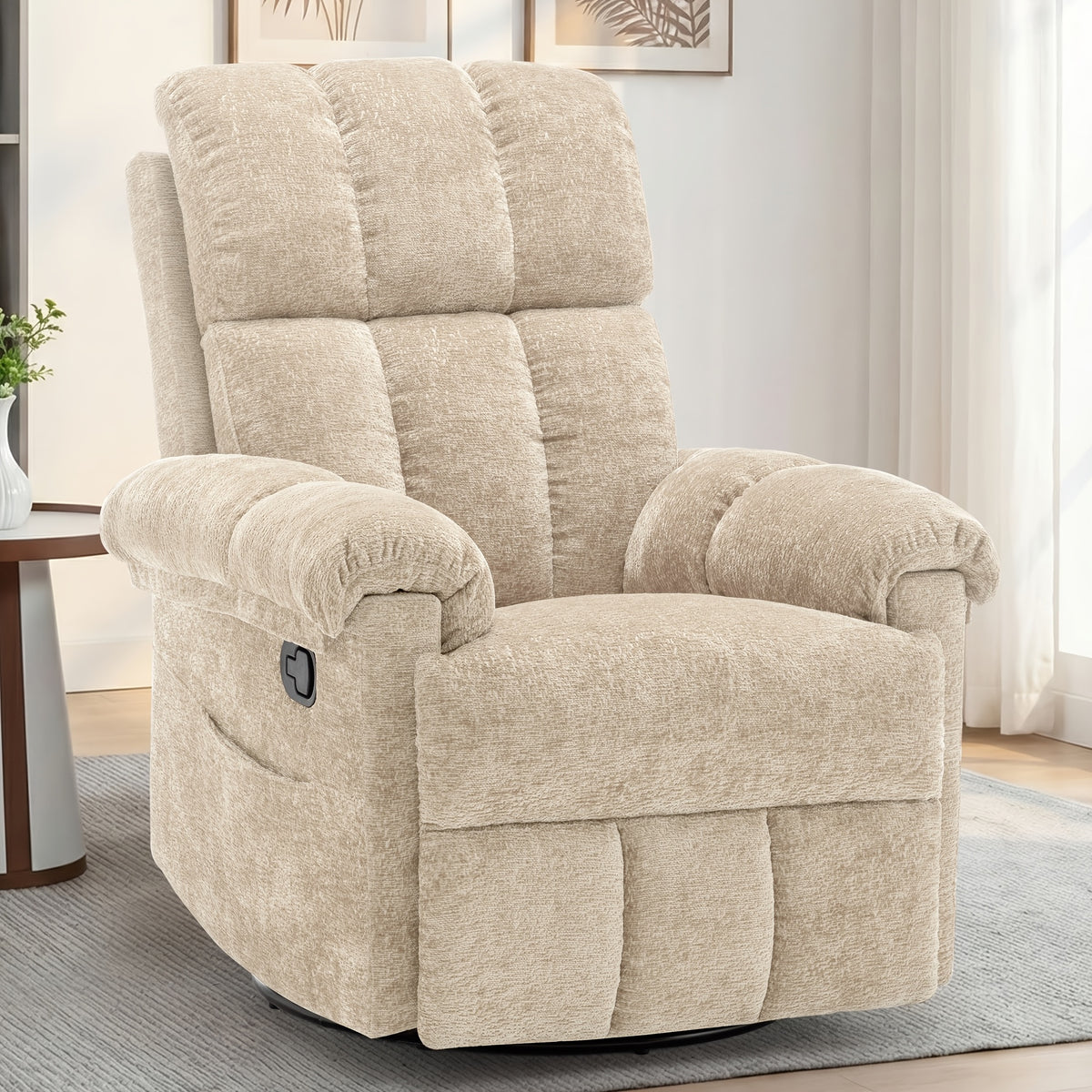 Living Room Single Chair, 360° Swivel Rocking Chair, Manual Rocking Chair for Small Spaces, Rocking Chair with Side Pockets And Armrest Storage, Deep Seat Cushion And Plush Backrest, Chenille Fabric, a Recliner Suitable for The Living Room