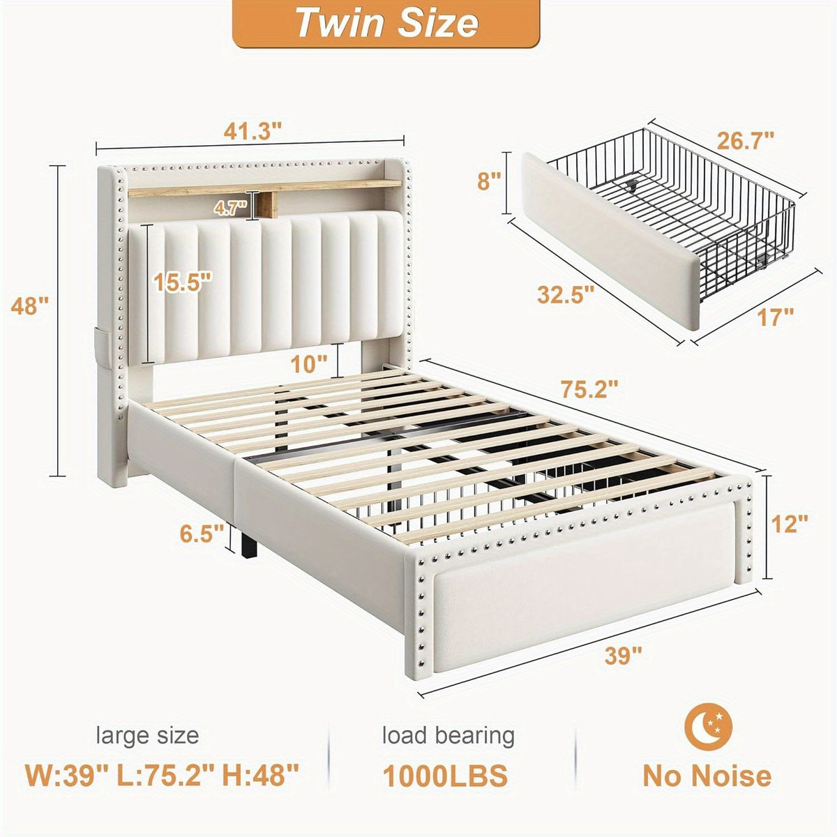 King Size Upholstered Bed Frame with Storage, 2-Tier Headboard And 2 Drawers, Sturdy Wood Slats, No Box Spring Needed, Noise-Free, Modern Grey/Beige, Easy Assembly, Space Saving