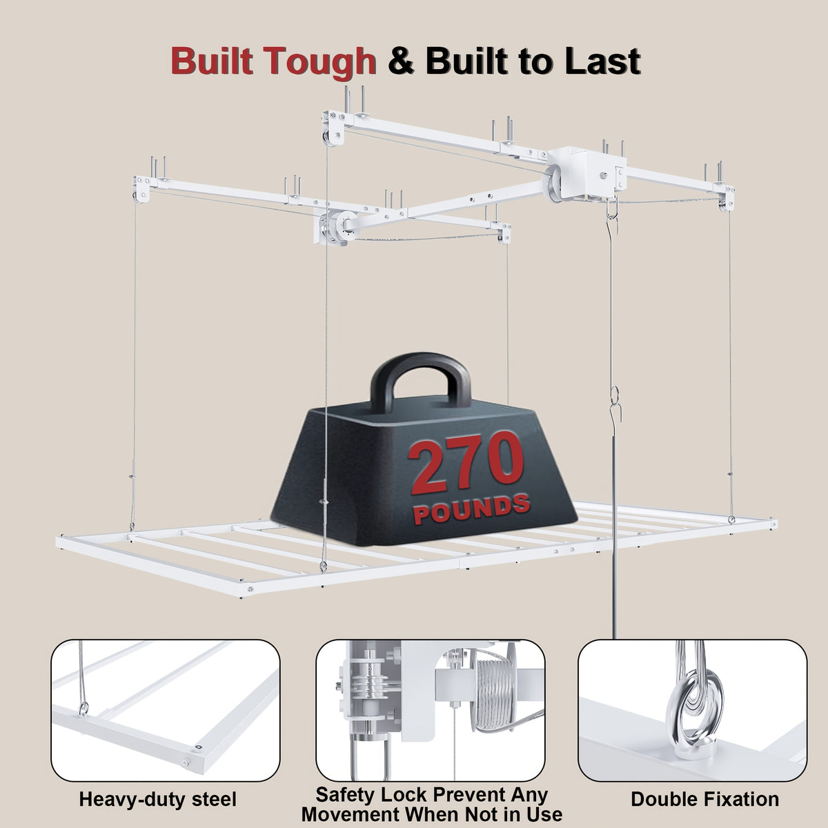 Heavy-Duty Overhead Garage Storage Rack Compatible for High Ceilings 10-12ft, 3x6ft All-Steel Shelving Unit with Safety Lock (Installation Required) - 270 Capacity Per Panel, Carbon Steel Construction for Attic, Workshop, Garage - Space-Saving