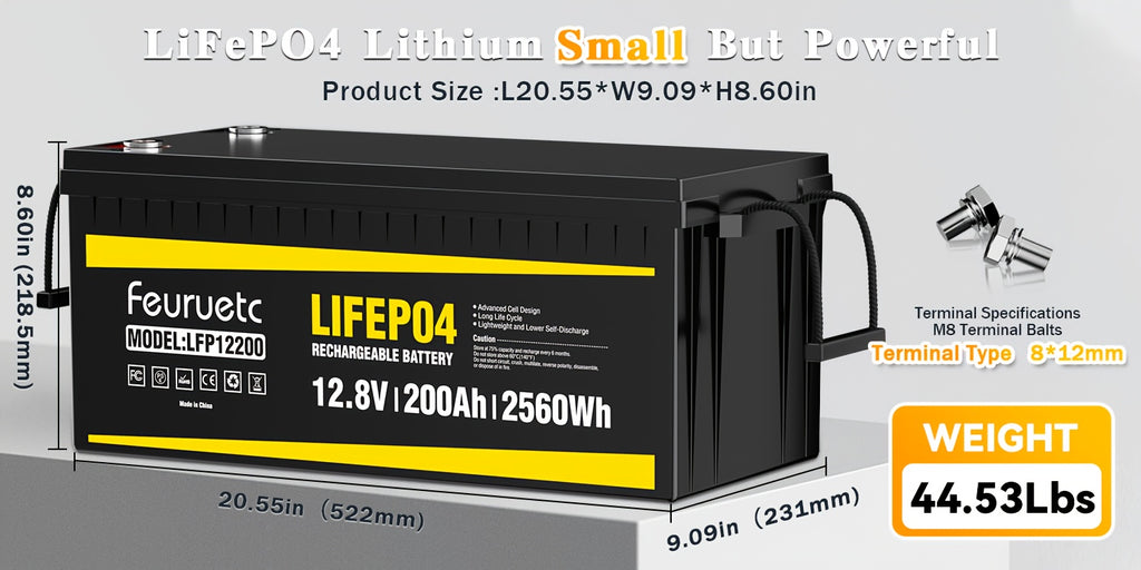 Feuruetc 12V LiFePO4 Lithium Iron Phosphate Battery, Available in 100Ah or 200Ah Capacity Options, with Built-in BMS, Over 15,000 Cycle Life. Suitable for Solar Systems, RVs, Golf Carts, Marine Applications, and Off-grid Power Supply. A Lightweight