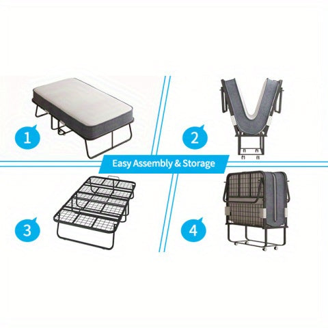 Folding Bed with 4 Inch Memory Foam Mattress, Single Rollaway Bed for Guests, Space Saving Portable Bed with Lockable Wheels, Easy Assembly& Moving, 75 x 31(Standard)