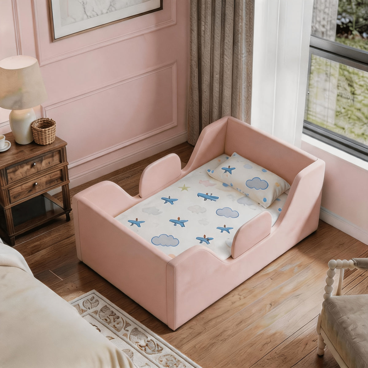 Toddler Floor Bed with Removable Safety Rails And Storage Bag, Kids Bed for Girls And Boys, Standard Crib Size, Safety Upholstered Beds, Low to Floor Design
