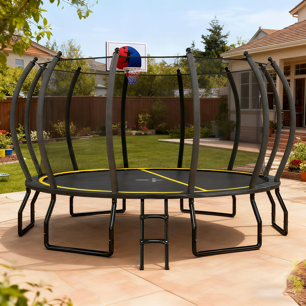Indoor Outdoor Trampoline for Teenagers, 8ft/10ft/12ft/14ft/15ft/16ft with Safety Enclosure Net, Pop-up Quick Connector Frame, Basketball Hoop Optional, Includes Ladder, Blue/Black Backyard Jumping Trampoline