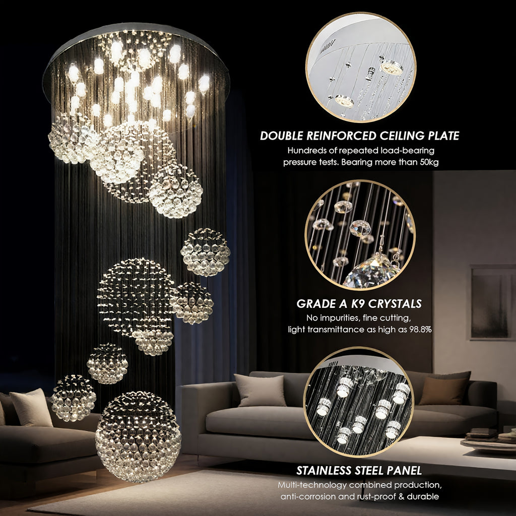Modern LED Crystal Chandelier for Height Ceiling 2 Story Foyer Lighting 13-Light Flush Mount Foyer Lighting
