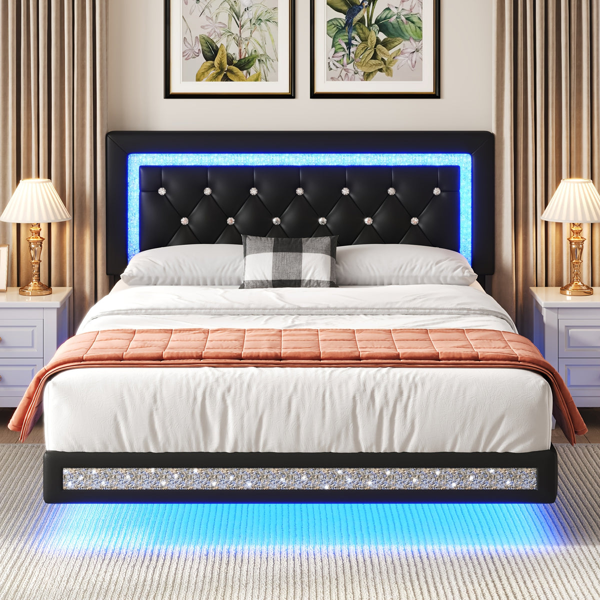 MRAEER Diamond Quilted Velvet Silent Full/Queen Bed Frame | LED Lights, Diamond Quilted Footboard, Adjustable Headboard, No Mattress Required, Easy Assembly, Available in Pink/White/Black, Powered, Contemporary Style, Christmas Gift