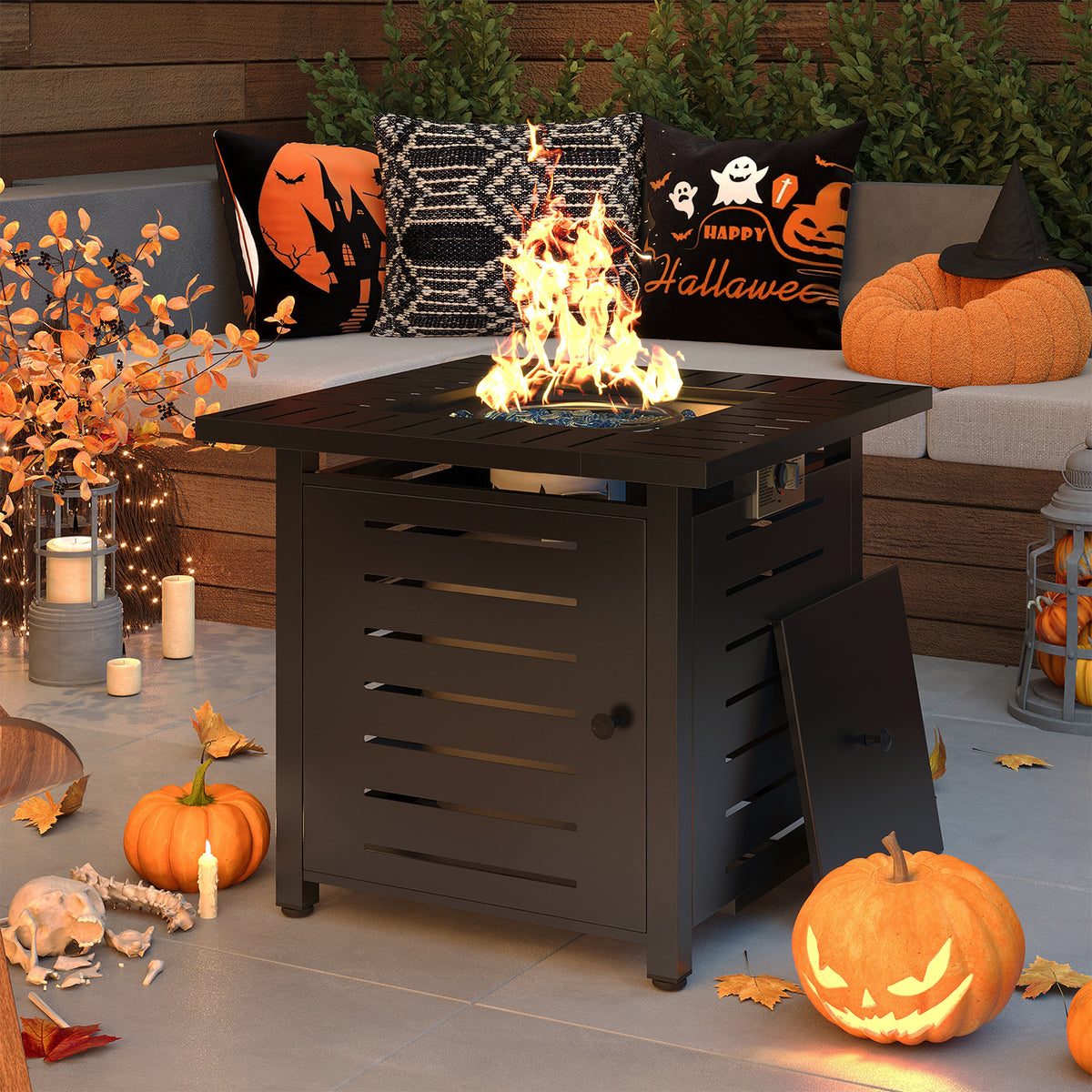 40 inch Propane Fire Pit Table Outdoor - 50,000 BTU Gas Fire Table with Lid & Rocks, Waterproof Cover Metal Clearance Firepit for Patio, Backyard, Deck (Rectangular Steel, 40"/44", Black/Brown)