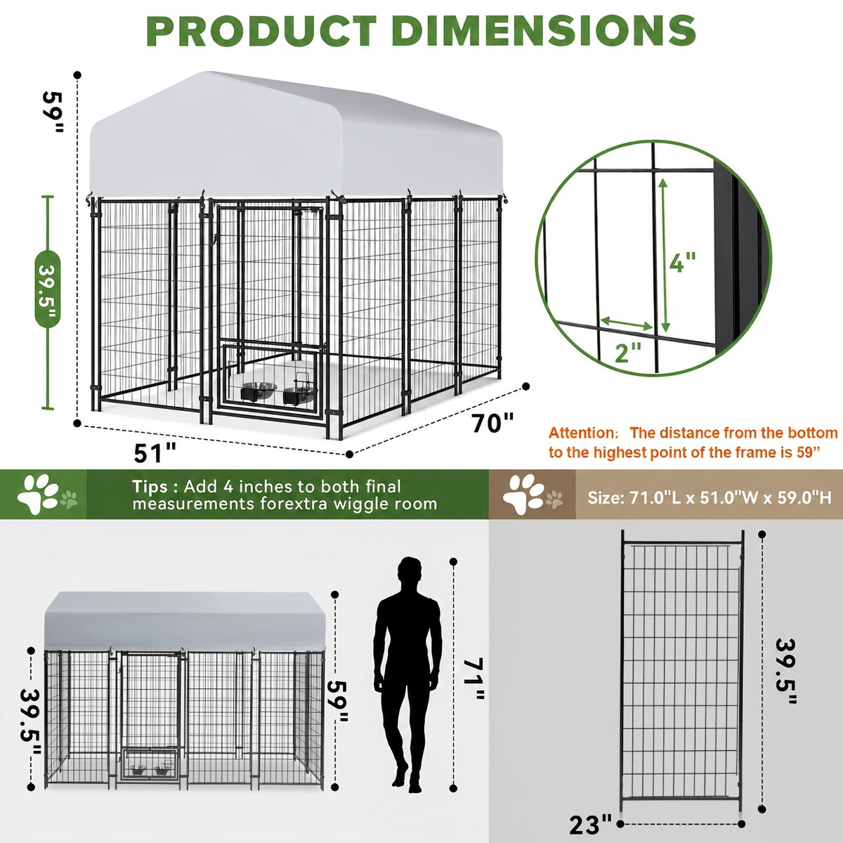 [Heavy Duty Dog Kennel] SNDM 7.8*4.3*5ft Dog Kennel Outdoor, Heavy Duty Welded Wire Steel Dog Kennels With Secure Lock For Outside, Dog Pen With Roof Cover And 2 Rotating Dog Bowls