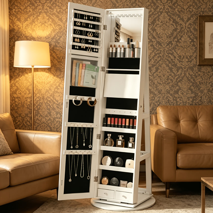 6 LED Jewelry Cabinet with Frameless Full-Length Mirror, 360° Swivel Lockable Organizer Standing Armoire, 3 Storage Shelves, Jewelry Armoires