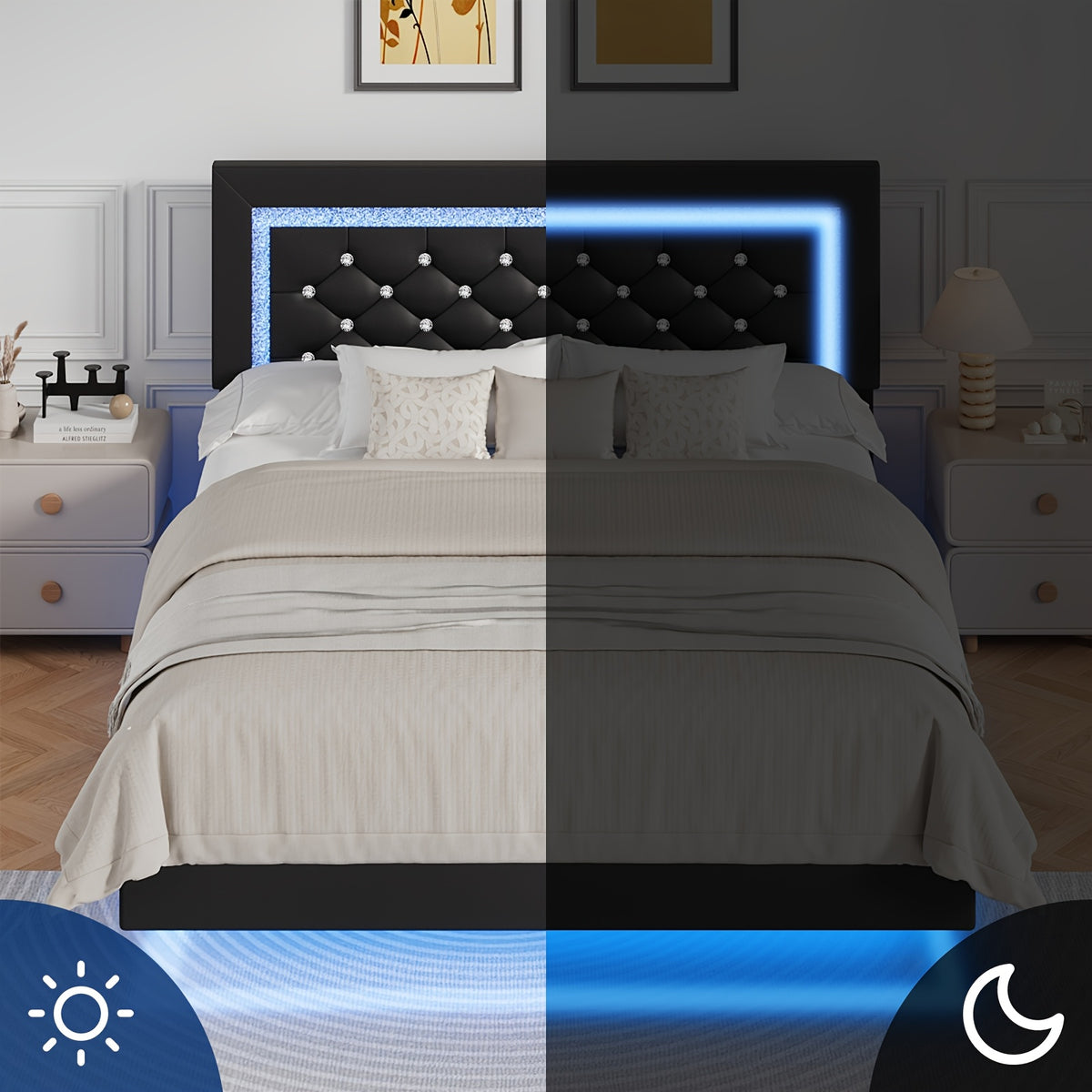 Twin Full Queen King Size Floating Black/White/Pink Bed Frame with LED Lights, Platform Bed with Diamond Tufted Headboard, Wood Bed Frame, Bed Frame Queen Size No Box Spring Needed, Noise Free, Easy Assembly, Black/White/Pink