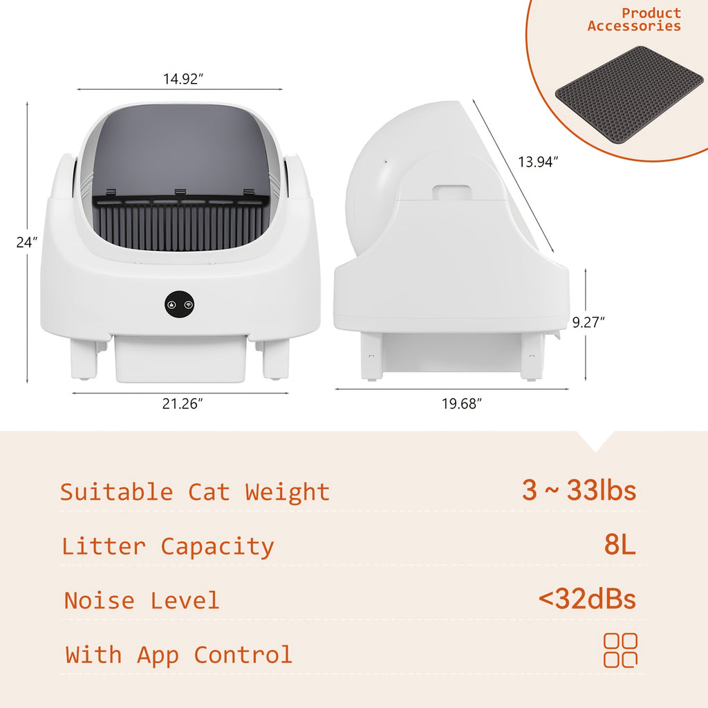 Aoxun Automatic Self-Cleaning Cat Litter Box for Multiple Cats - Large Robot-Style Litter Box with Smart Sensor, Open-Top Design & 360° Safety Protection, Odor-Free Auto Scooper for Indoor Cats, Without Battery