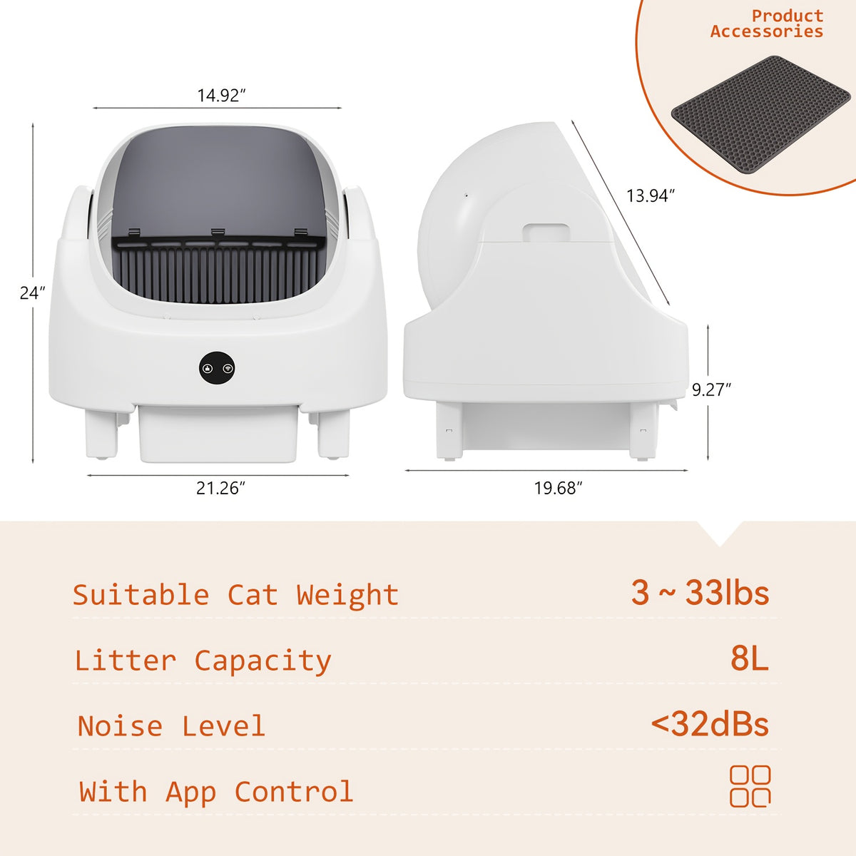 Aoxun Automatic Self-Cleaning Cat Litter Box for Multiple Cats - Large Robot-Style Litter Box with Smart Sensor, Open-Top Design & 360° Safety Protection, Odor-Free Auto Scooper for Indoor Cats, Without Battery