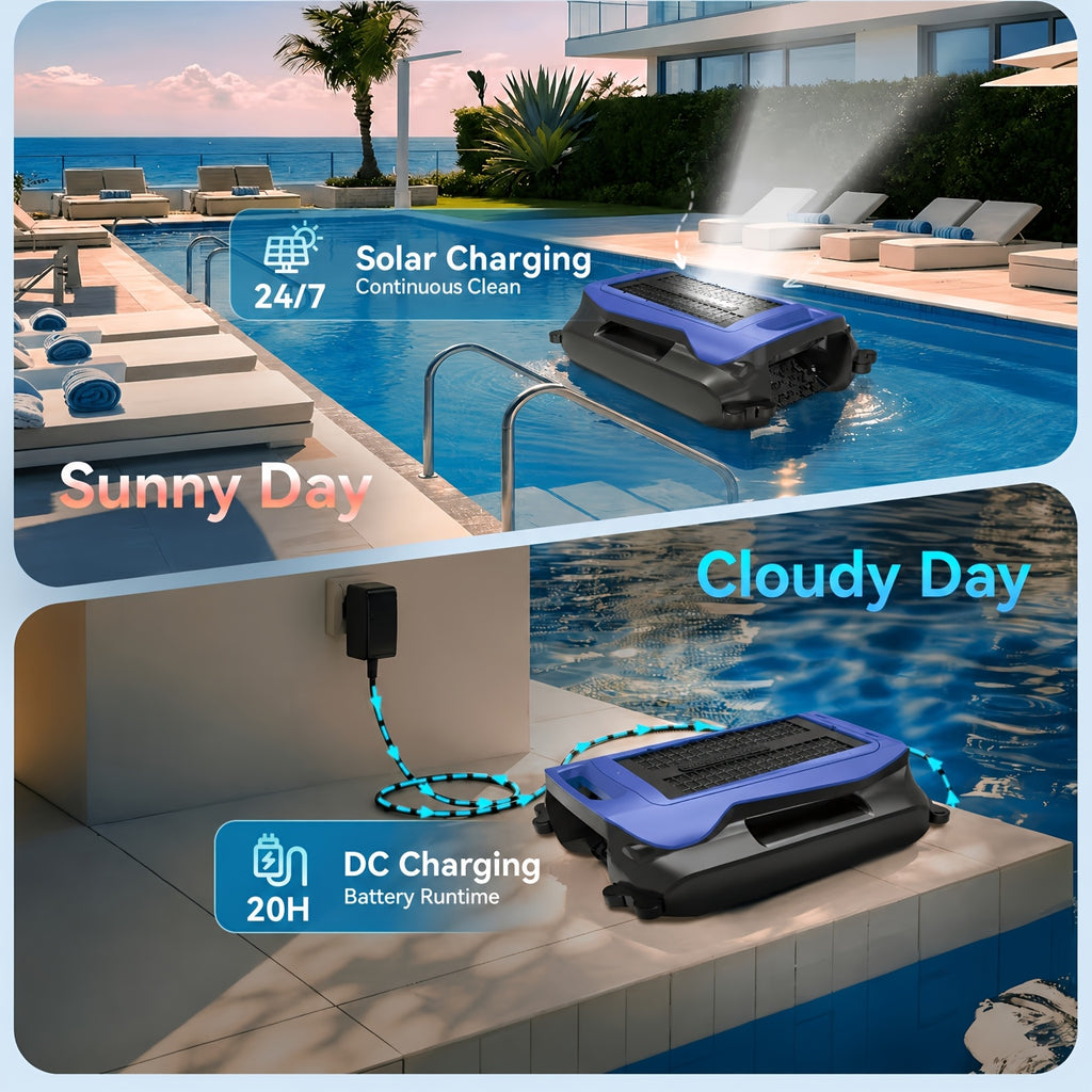 Solar Powered Pool Skimmer Robot 24/7 Continuous Working APP Control Intelligent Obstacle Avoidance Floating Surface Cleaner for Above Ground And Inground Pools