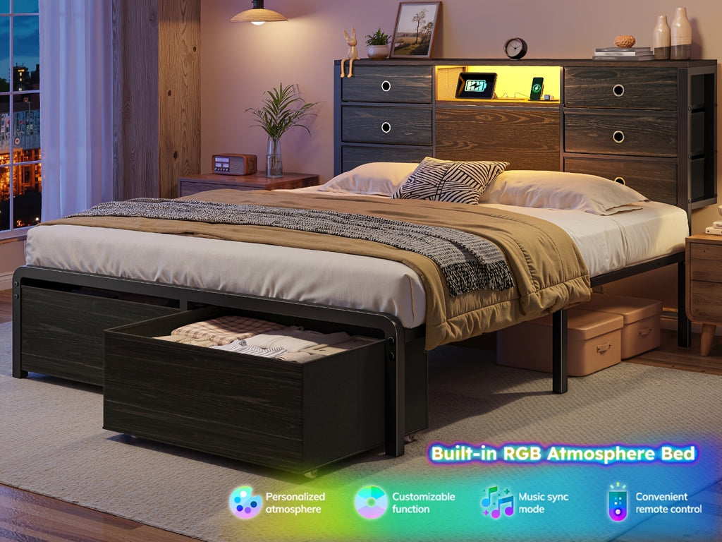 Reinforced Storage Bed Frame, King/Queen/Full with 8/9 Drawers, Headboard Storage, Multi-Color LED Lights & Charging Station, Noiseless & Easy Assembly, Black/Tiger Brown
