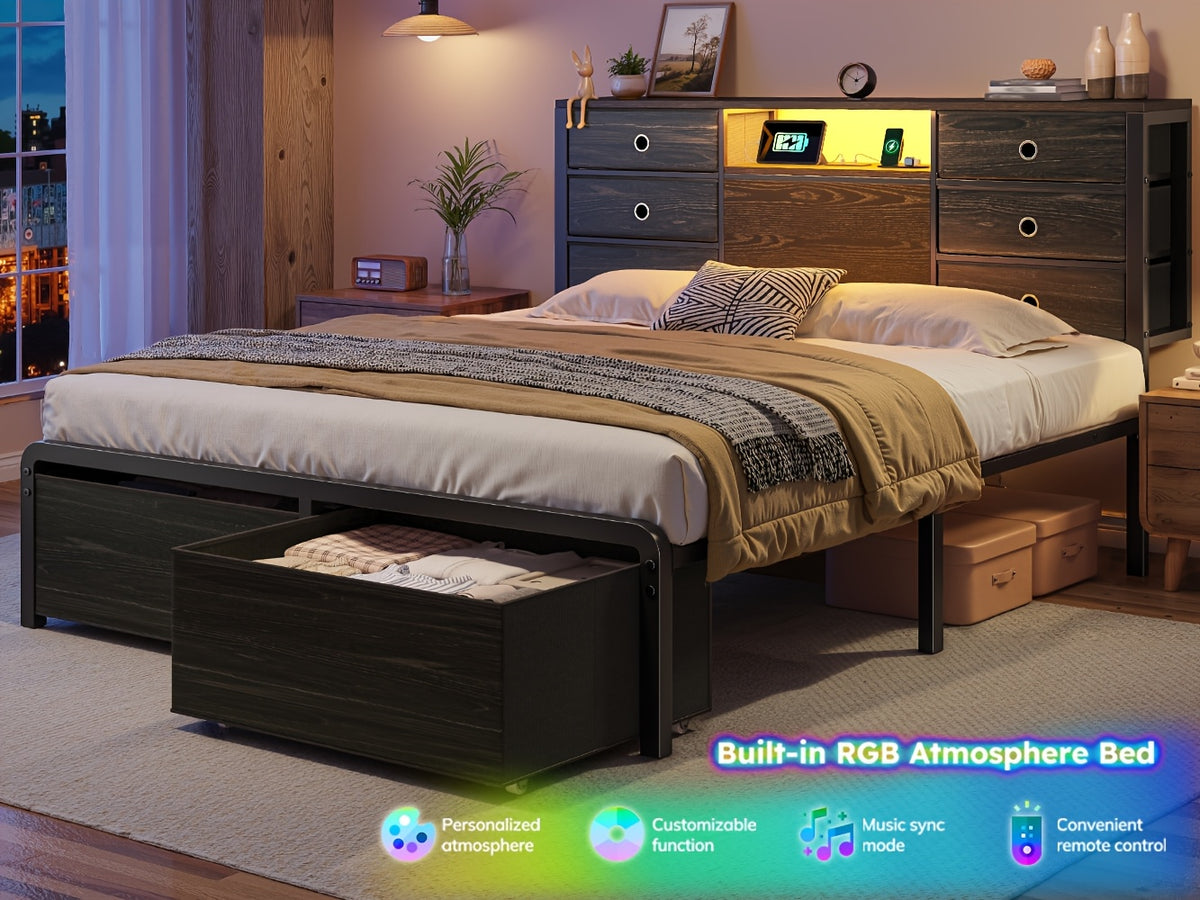 Reinforced Storage Bed Frame, King/Queen/Full with 8/9 Drawers, Headboard Storage, Multi-Color LED Lights & Charging Station, Noiseless & Easy Assembly, Black/Tiger Brown