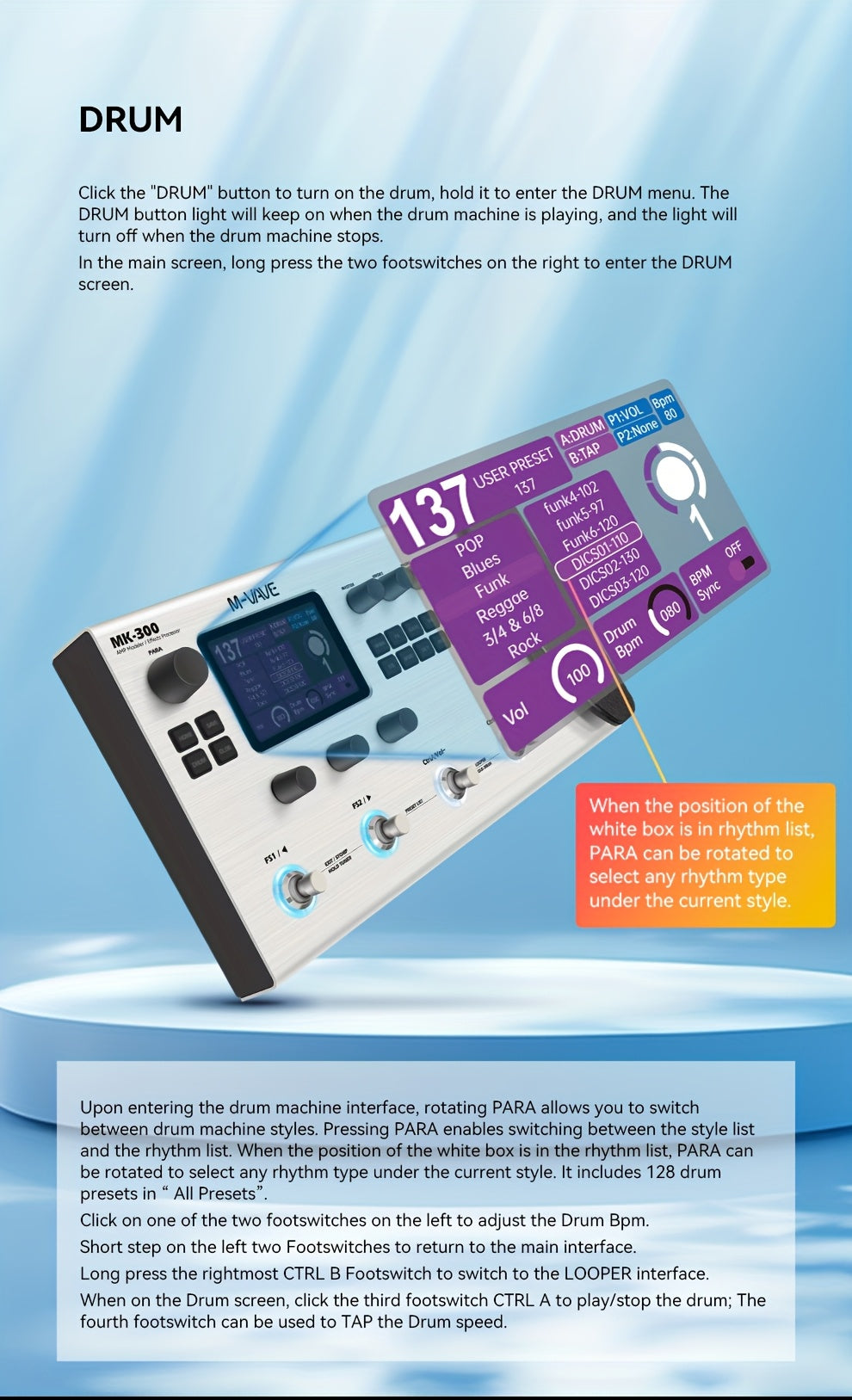 M-VAVE MK-300 Electric Guitar Comprehensive Effect Device, Accompaniment Loop, Analog Speaker And Sound Card Equipment, Bass Phrase Loop Drum Machine
