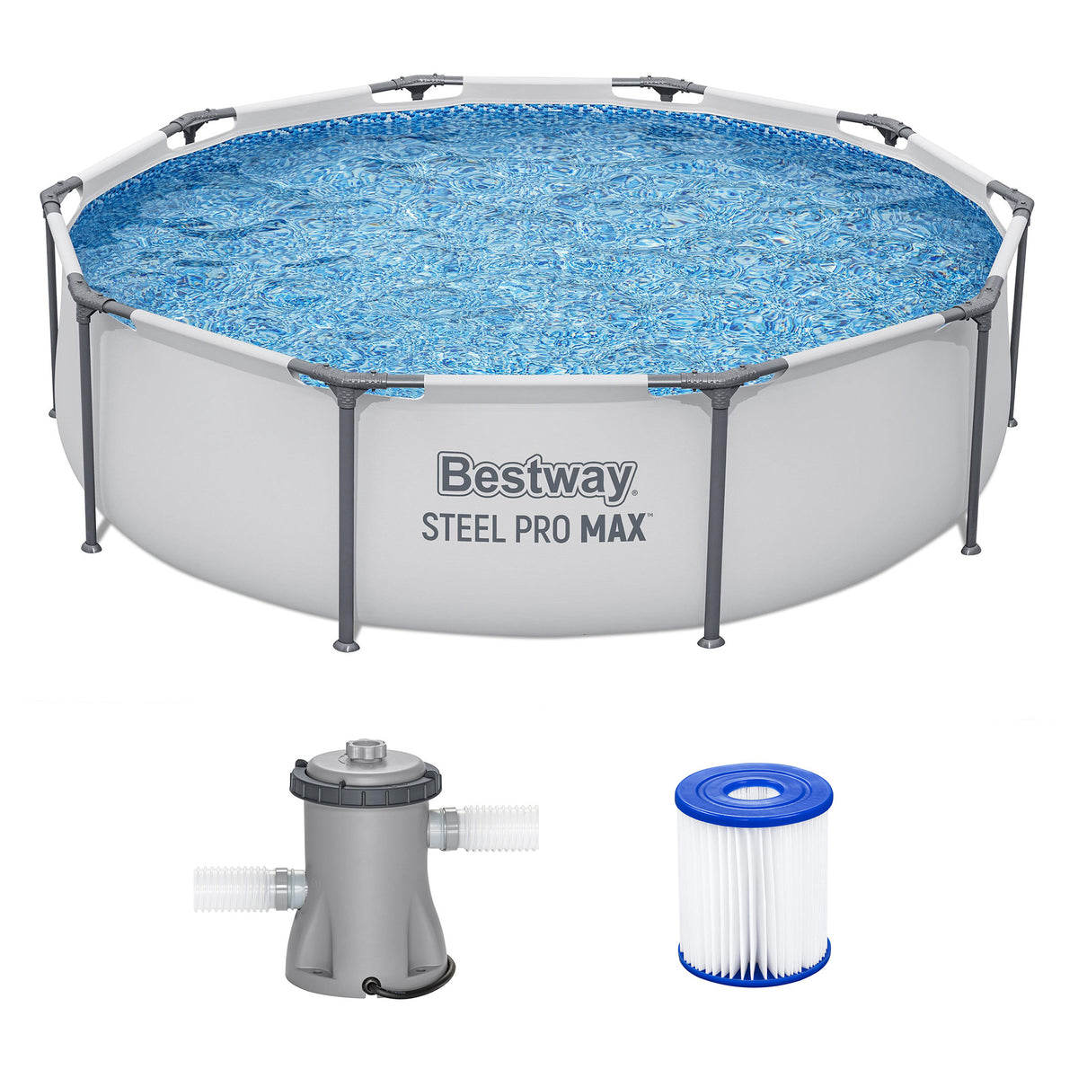 Bestway Steel Pro MAX 10 Foot x 30 Inch Round Metal Frame Above Ground Outdoor Backyard Swimming Pool Set with 330 GPH Filter Pump