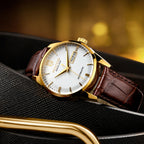 ROCOS Men's Watches High-end Business Watch for Men Automatic Mechanical Watch Classic Big Three Hands Golden Case Calfskin Strap Double Push Butterfly Buckle Calendar Day Of The Week Gift for Boyfriend