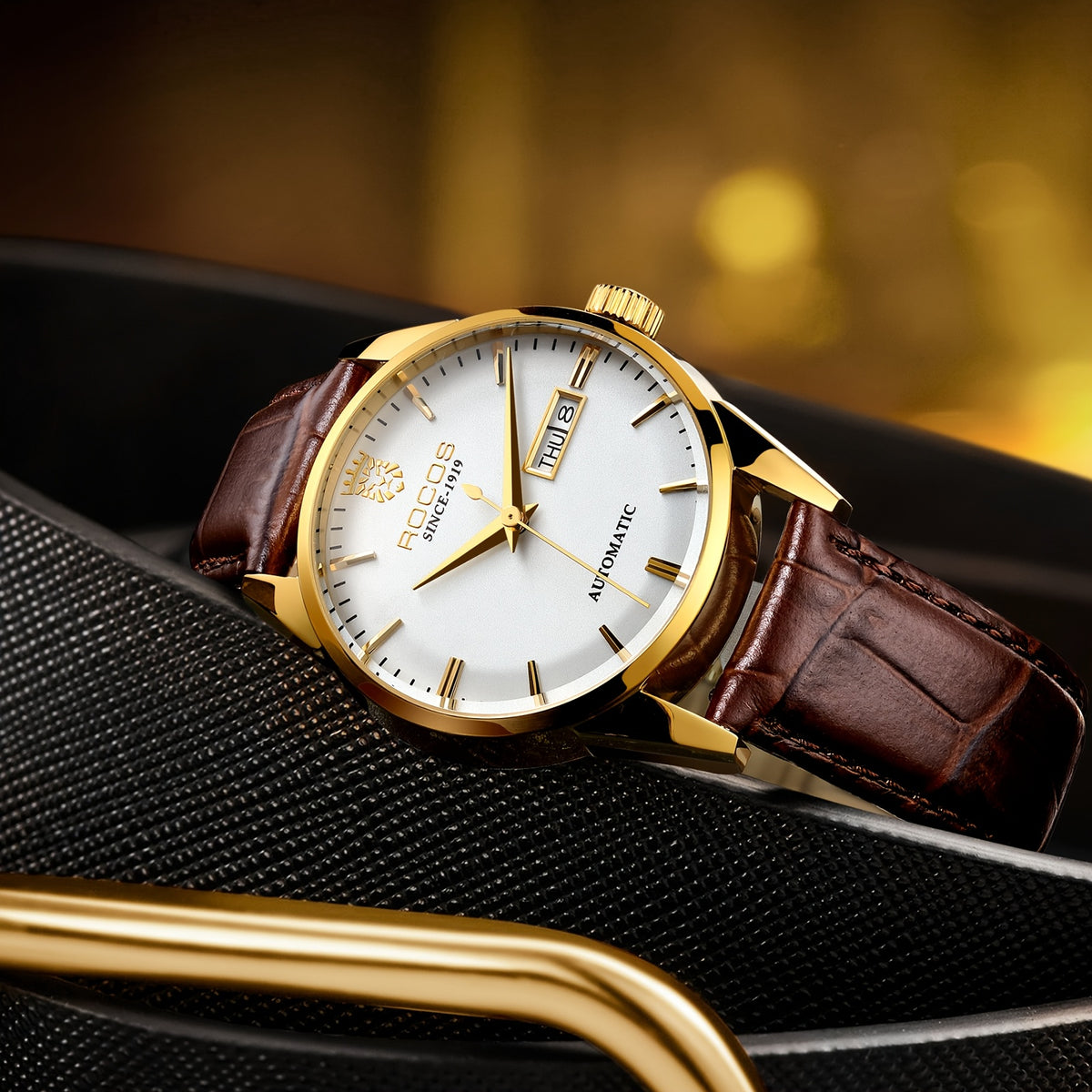 ROCOS Men's Watches High-end Business Watch for Men Automatic Mechanical Watch Classic Big Three Hands Golden Case Calfskin Strap Double Push Butterfly Buckle Calendar Day Of The Week Gift for Boyfriend