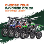 Mini off-road bike, 41CC four stroke gasoline bike (model: DB001), equipped with off-road tires, suspension, disc brakes, maximum load of 160Lbs, top speed of 18Mph, gloves and face cloth included
