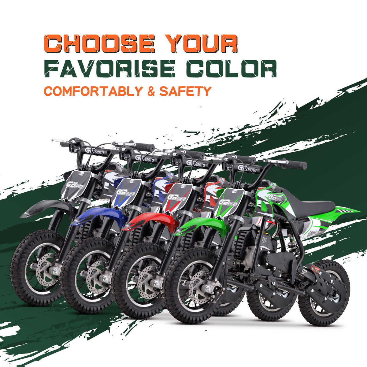 Mini off-road bike, 41CC four stroke gasoline bike (model: DB001), equipped with off-road tires, suspension, disc brakes, maximum load of 160Lbs, top speed of 18Mph, gloves and face cloth included