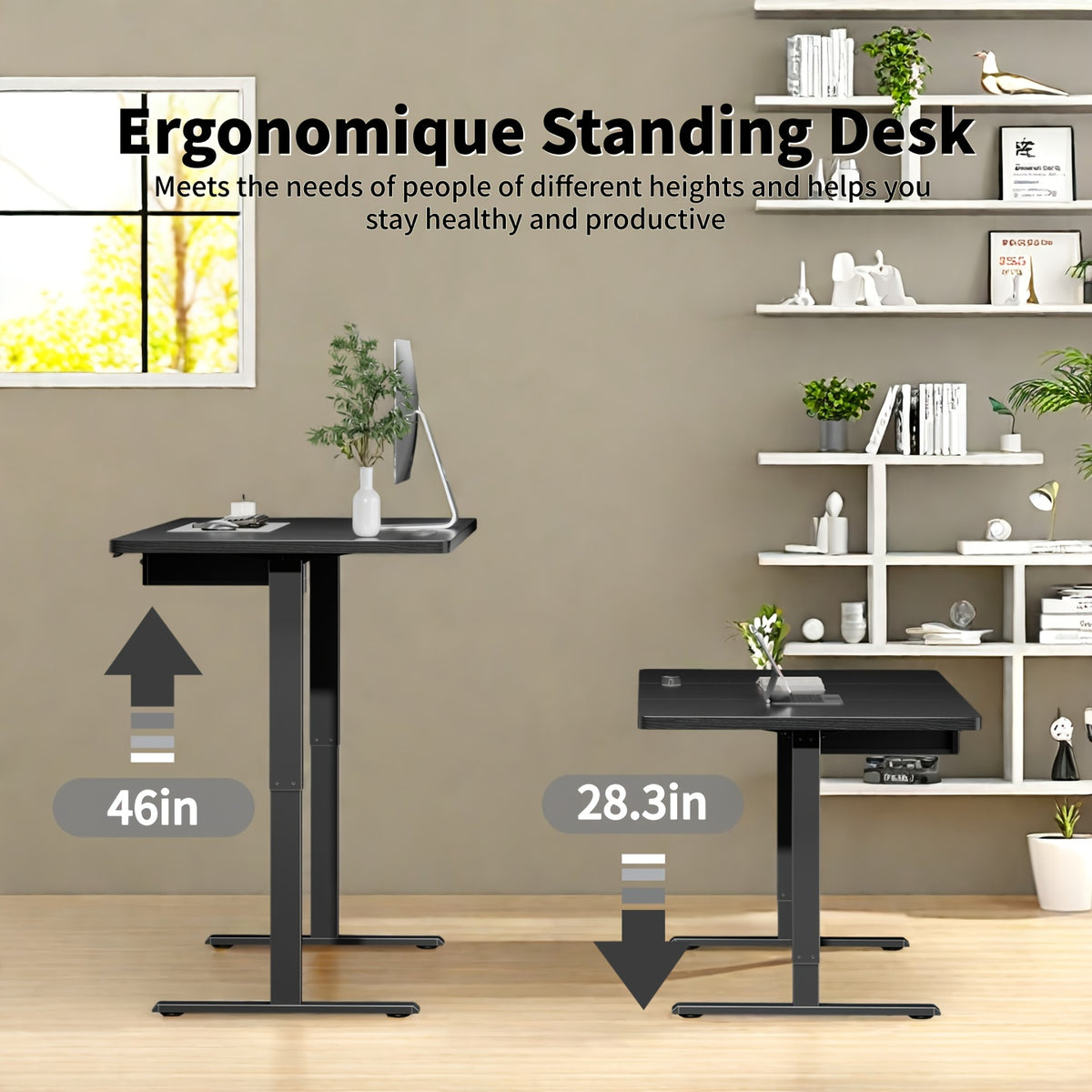 Large Electric Standing Desk, Height Adjustable Copmuter Desk, Stand Up Gaming Office Table with 2 Hooks, for Home Office, Adults