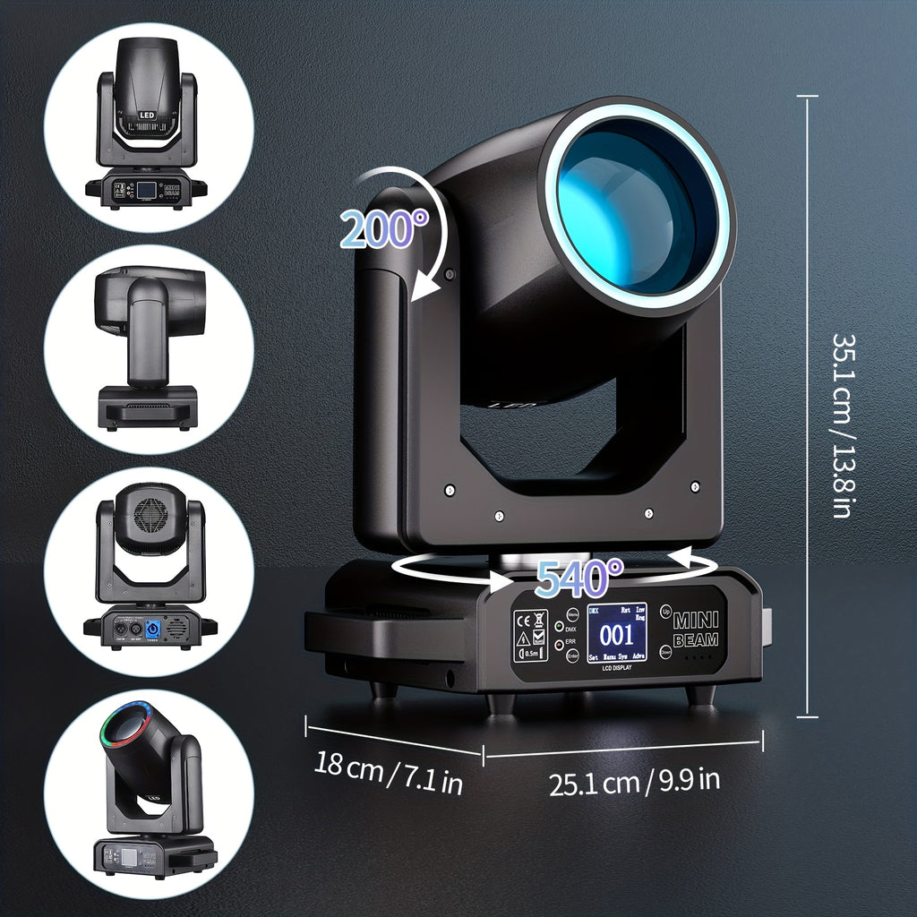 250W High-Power LED Moving Head Beam Light Featuring a 7+1 Color Wheel, 11+1 Gobo Wheel, And Rainbow Effect. Controlled Via DMX512, Auto, Master/Slave, Or Sound-Activated Modes. Ideal for Bars, Clubs, KTV, Birthday Parties, And More