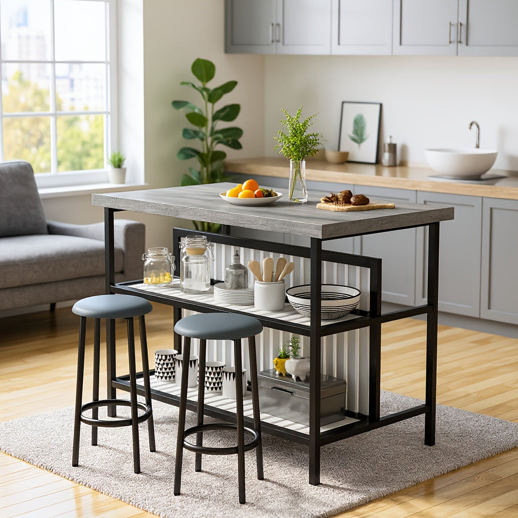 3pcs Kitchen Island Set with 2 Bar Stools, Modern Contemporary Style Dining Room Table And Chair Set with 2-Tier Storage Shelves, Counter Height Bar Table Set for 2, 3pcss Kitchen Table Set with 2 Chairs for Kitchen, Dining Room, Restaurant