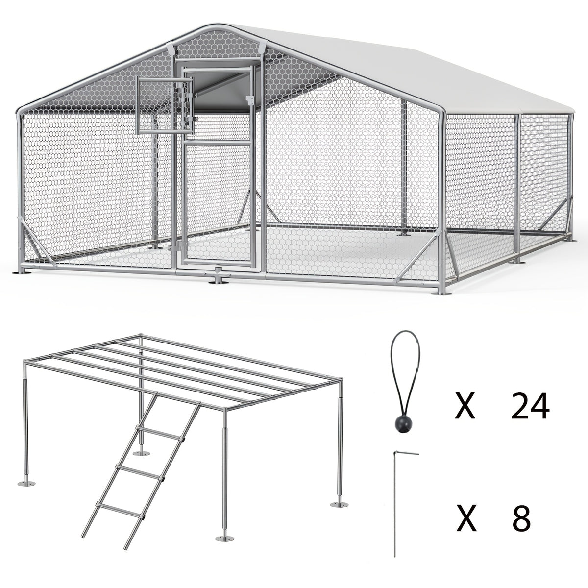 Large Metal Chicken Coop & Enclosure Kit, Featuring Climbing Perches, Wire Mesh Siding, And A Waterproof, UV-Resistant Canopy, Advanced Series Outdoor Walk-in Run, Suitable For Chickens, Ducks, Rabbits, And Dogs