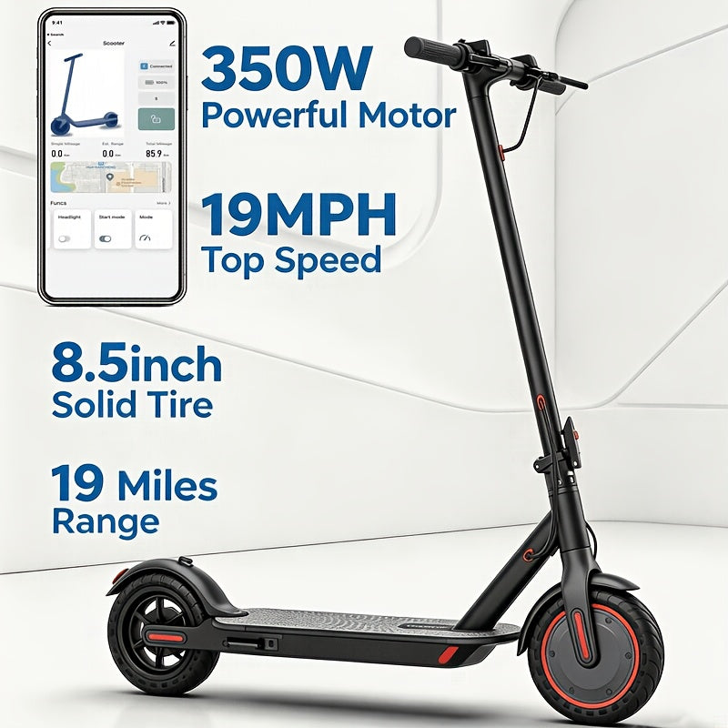 Quick Fold Adult Electric Scooter 350W Motor, 8.5" Anti-Slip Solid Tyres, 19MPH Max Speed with 3 Speed Modes, Reinforced Brake, Tough Aluminum Alloy Body, 265LBS Capacity, Built-In Safety Bell, Smart APP & LCD Dashboard, with Headlight Taillight