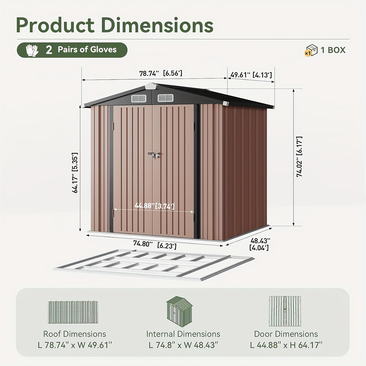 6' X 4' Brown Metal Outdoor Storage Shed with Base Frame, Weather-Resistant Steel Tool Shed with Lockable Doors for Garden, Patio, Backyard, And Lawn