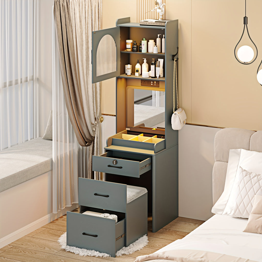 Dystler Small Vanity Desk with Mirror And Lights, Makeup Vanity Table with Drawers for Small Space, Compact Mini Corner Vanity Set Dressing Table - Charging Station & Human Motion Sensing for Bedroom9 (Grey)