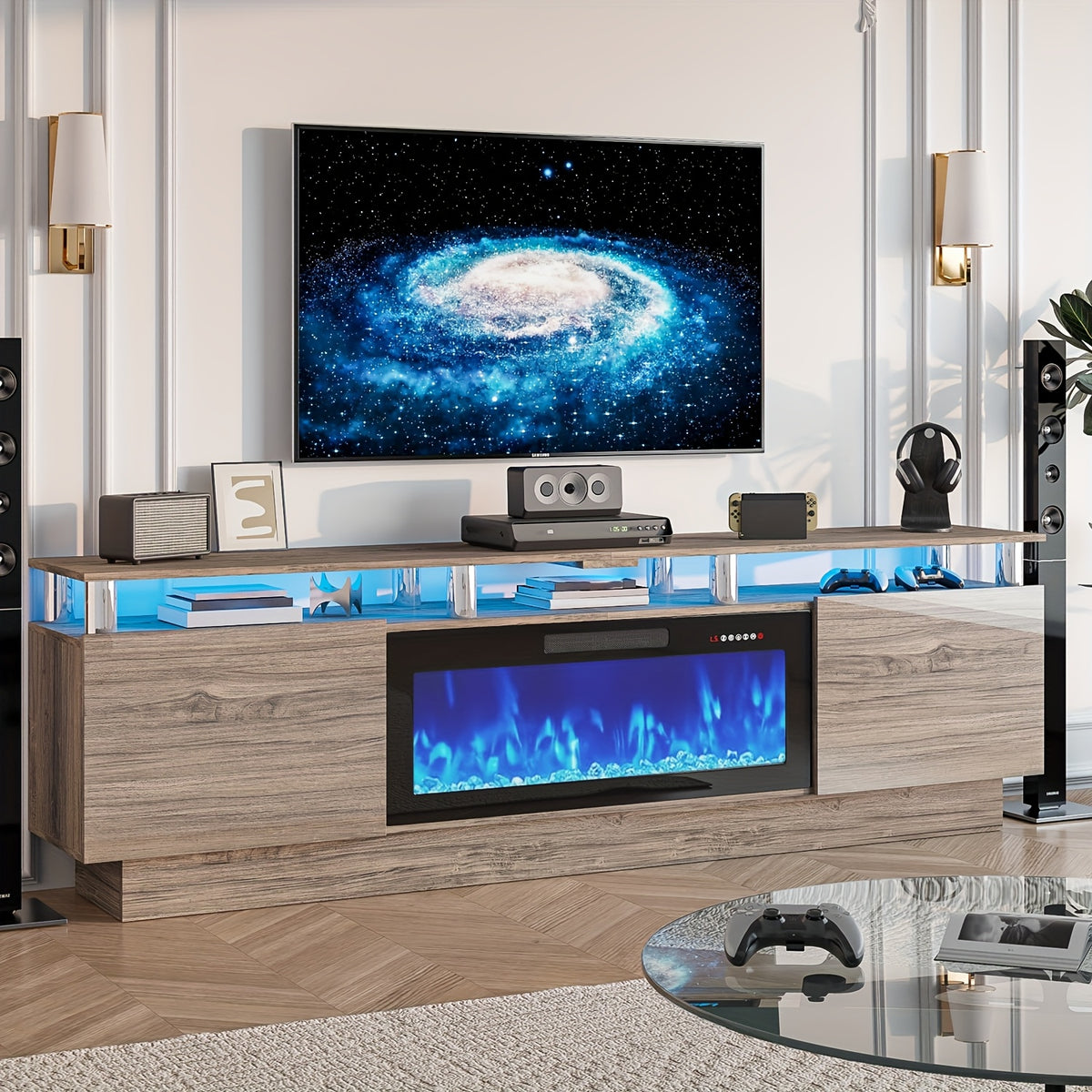 80" Fireplace TV Stand with 36" Fireplace, 2-Tier 80" LED Entertainment Center with Fireplace for Tvs Up to 90", Modern Wood TV Media with Storage Cabinets for Living Room