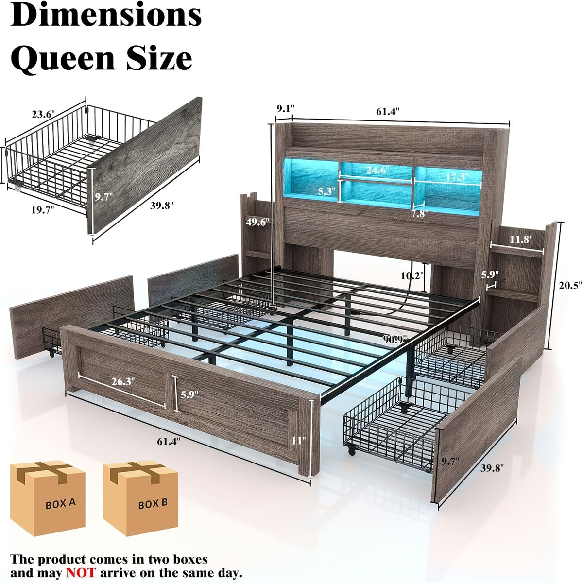 PAPABABE Bed Frame With 49.6 Inch Bookcase Headboard, 4 Drawers And 2 Detachable Storage Racks - Farmhouse Wood Bed Frame With RGB LED Lights And Charging Station, No Box Spring Needed