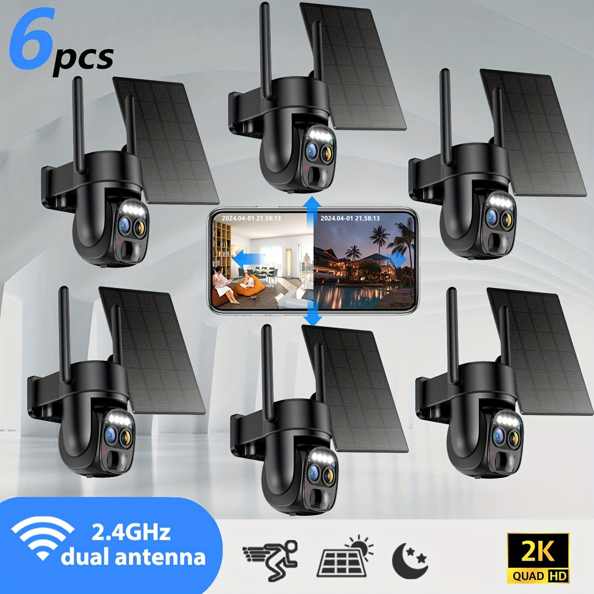 6pcs [10X Zoom] 360-Degree Low-Power Solar Panel Battery 2K FHD Wifi with Spotlight Alarm, Motion Detection, Color Night Vision, Two-Way Audio And