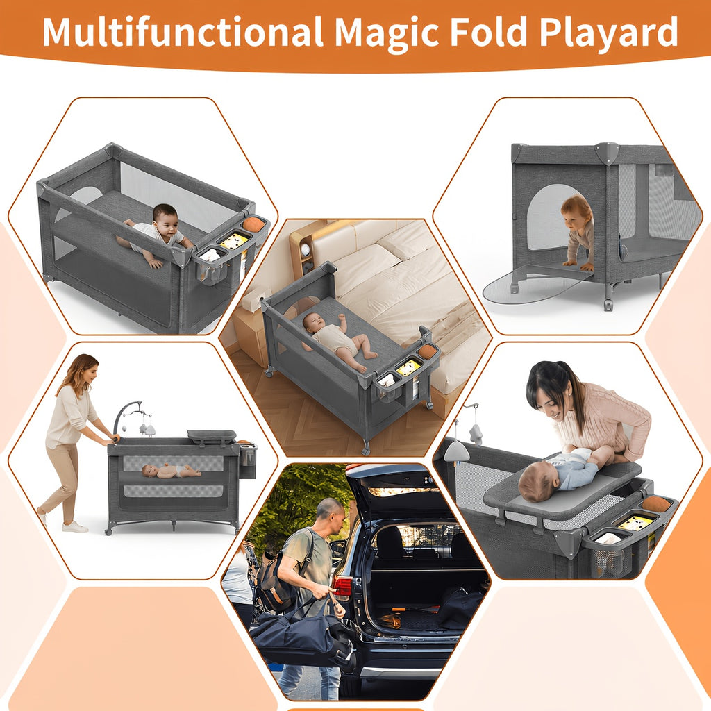 4 In 1 Bassinet, Pack And Play With Mattress, Crib With Wheels And Mosquito Net, Bedside Bassinet Sleeper With Changing Pad, Portable Playpen Foldable Playard For And Assembled And Folded Portable Cribs
