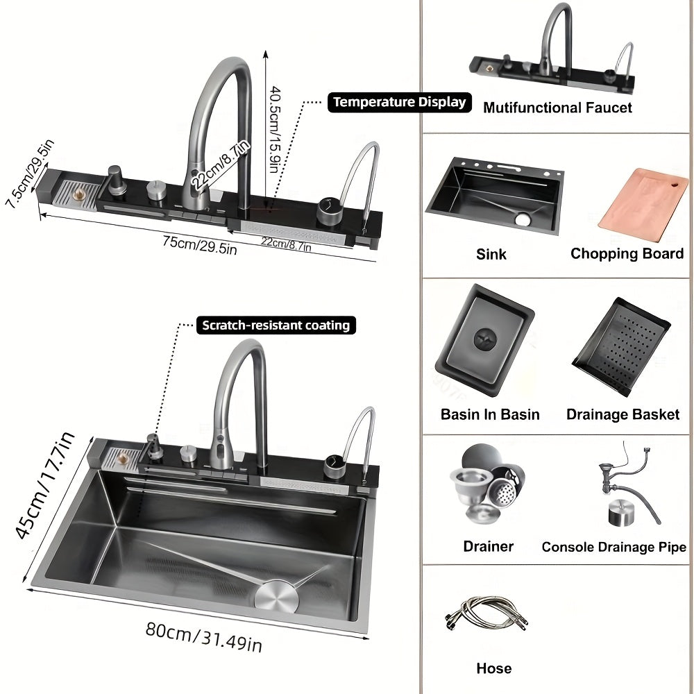 Smart Waterfall Kitchen Sink, 31.5"x17.7" Drop In Stainless Steel | Digital Display, Large Single Bowl, Workstation, Pull-Out Faucet, Multi-Function Spray, Lead-Free, Rust-Proof, Easy Clean