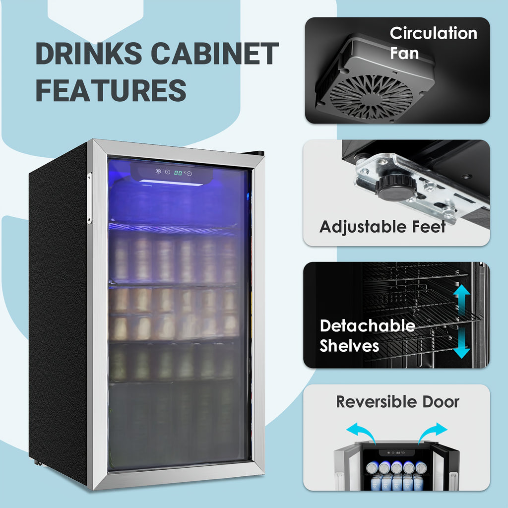 [126 Can Mini Fridge] Beverage Refrigerator Cooler, 126 Can Mini Fridge with Glass Door for Soda Beer Or Wine, Beverage Cooler for Home, Office, Bar with Adjustable Removable Shelves, Silvery