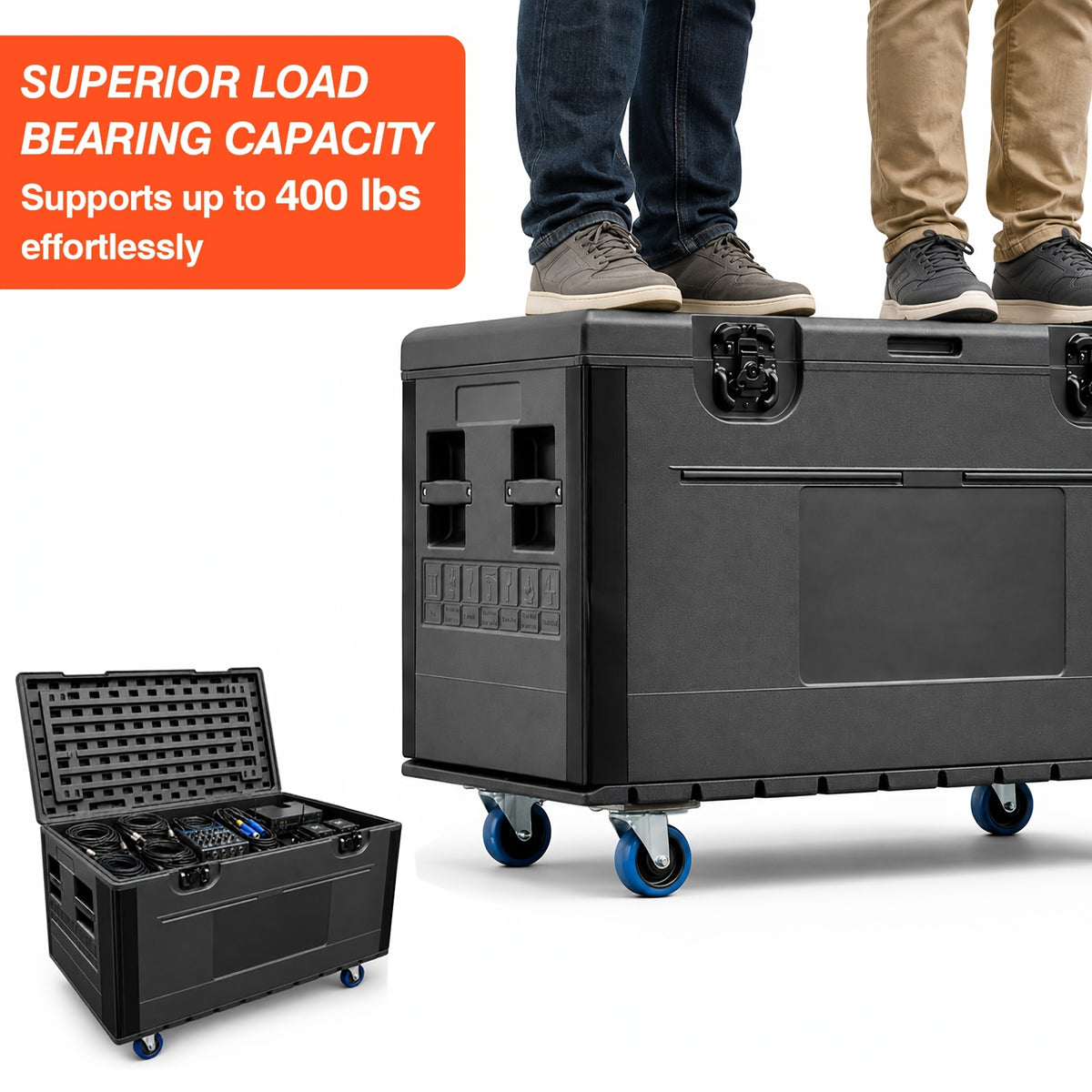 1pc Black Cable Trunk, ATA Road Case, Heavy Duty Utility Road Trunk Flight Case With Wheels, High Density Polyethylene (HDPE), Truck Pack Size Transport For Pro Audio And DJ Touring, Two Sizes Are Available