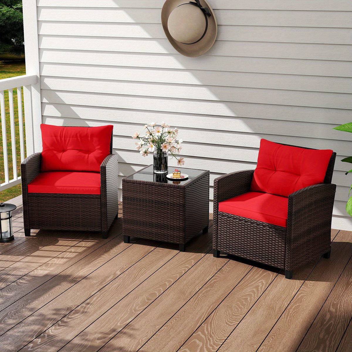 Patio Conversation Set by TANGKULA with 2 Cushioned Armchairs and Tempered Glass Coffee Table