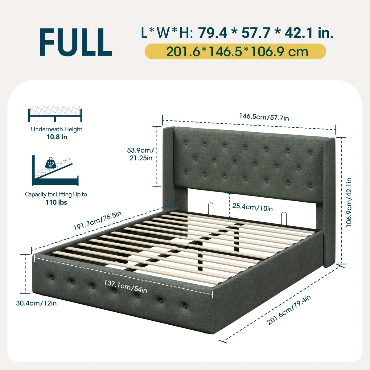 WEEWAY Lift Up Storage Bed, Modern Wingback Upholstered Headboard, Hydraulic Platform Bed, Wooden Slats Support, Heavy Duty Mattress Foundation, No Box Spring Needed, Easy Assembly, Full/Queen/King Size, for House Bedroom Furniture, Free Shipping