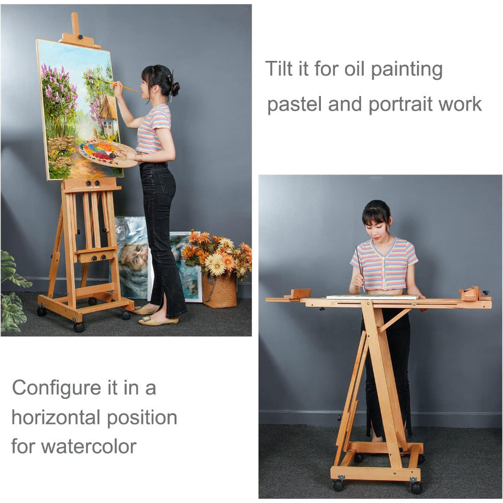 H Frame Easel Multi-Function Studio Easel Solid Beech Wood Easel Adjustable Painting Canvas Holder Stand Tilts Flat Artist Easel with Locking Caster Wheels